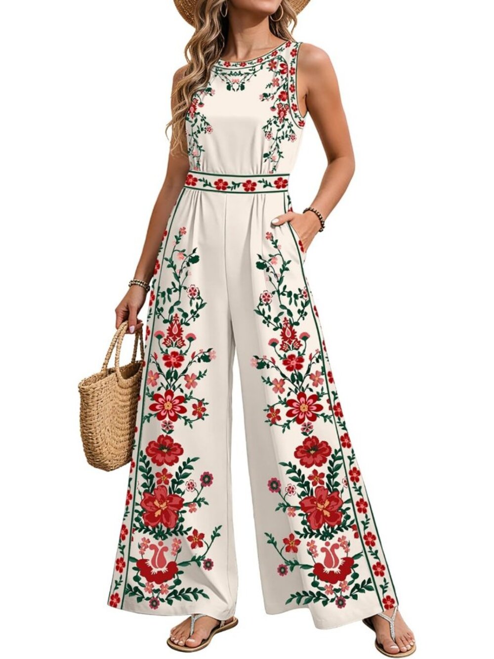Stylish Floral Wide Leg Jumpsuit - Casual Summer Sleeveless One-Piece with